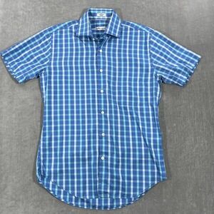 Peter Millar Mens Small Blue Plaid Cotton‎ Silk Short Sleeve Button Up Shirt